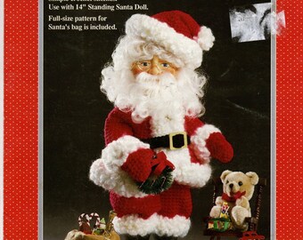 Standing Santa Claus  Crochet  Pattern for 14"  Also Includes full size pattern for Toy Bag  by Fibre Craft