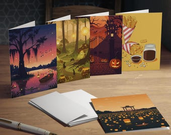 Lantern Field, Swamp Boat, Mushroom Forest, Haunted Gate, Fries & Coffee Greeting Cards (5-Pack)