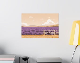 Lavender Field Wall Art Print – Minimalist Bicycle Landscape Poster (18x12)