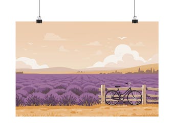 Lavender Field Wall Art Print – Minimalist Bicycle Landscape Poster (18x12)