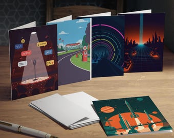 Space-Age Adventure Greeting Card Set - 5 Minimalist Designs - Blank Inside (4.25x5.5 Folded)