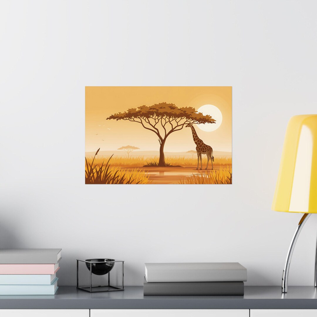 African Savanna Giraffe Wall Art Print – Minimalist Acacia Tree ...