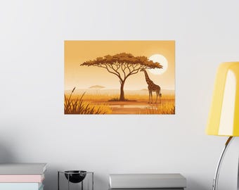 African Savanna Giraffe Wall Art Print – Minimalist Acacia Tree Landscape Poster