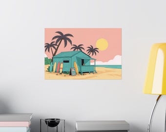 Tropical Beach Shack Wall Art Print – Minimalist Flat Illustration, Sunny Summer Vibes (18x12 Poster)