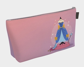 Princess Dress Makeup Bag – Whimsical Flat-Illustration Canvas Cosmetic Pouch with Denim Lining