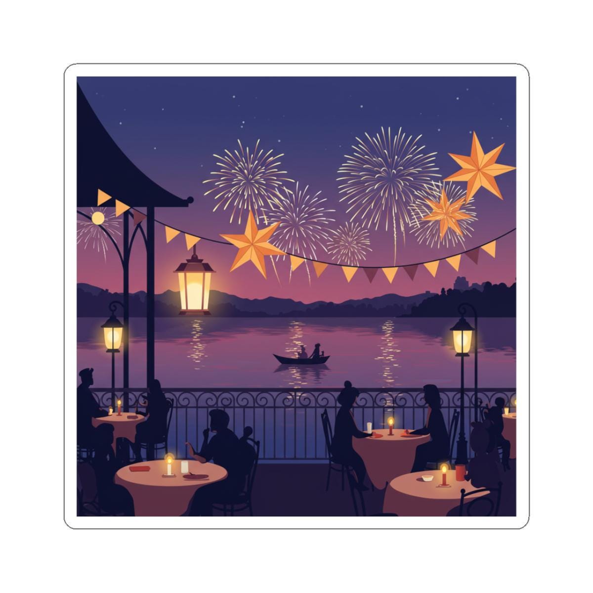 Twilight Lagoon Vinyl Sticker – Minimalist Flat Cartoon Illustration – Warm and Festive – Kiss-Cut Sticker