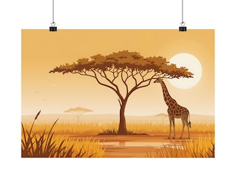 African Savanna Giraffe Wall Art Print – Minimalist Acacia Tree Landscape Poster