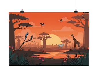 African Savanna Sunset Wall Art Print – Minimalist Flat Illustration, Animal Habitat Decor (18x12 Poster)