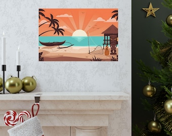 Tropical Sunrise Wall Art Print – Minimalist Beach Illustration, Vacation Vibes Poster