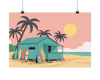Tropical Beach Shack Wall Art Print – Minimalist Flat Illustration, Sunny Summer Vibes (18x12 Poster)