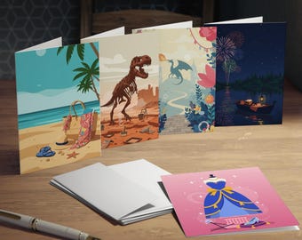 Whimsical Illustration Pack 5-Card Greeting Cards | Princess, Beach, Dino, Floral, Fireworks