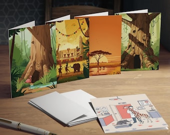 African Safari & Discovery Greeting Card Set - 5 Minimalist Designs - Blank Inside (4.25x5.5 Folded)