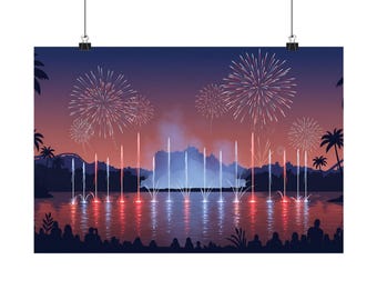 Water Show Fireworks Wall Art Print – Minimalist Flat Illustration – Magical Nighttime Vibe – 18x12 Landscape Matte Poster