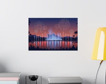 Water Show Fireworks Wall Art Print – Minimalist Flat Illustration – Magical Nighttime Vibe – 18x12 Landscape Matte Poster