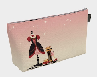 Queen of Hearts Makeup Bag – Minimalist Flat Illustration – Wonderland Royal Cosmetic Pouch with Denim Lining – Canvas Travel Pouch