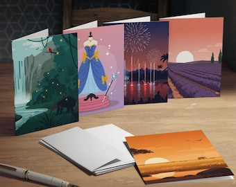 Scenic Illustration Greeting Cards 5-Pack | Sunset Safari, Waterfall, Princess, Fireworks, Lavender