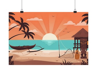 Tropical Sunrise Wall Art Print – Minimalist Beach Illustration, Vacation Vibes Poster