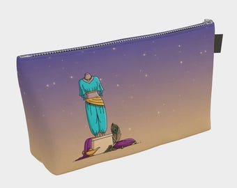 Arabian Princess Makeup Bag – Minimalist Flat Illustration – Desert Nights Magic Lamp Cosmetic Pouch with Denim Lining – Canvas Travel Pouch