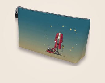 海賊船長メイクアップバッグ – ミニマルなフラットイラスト – デニム裏地付き冒険活劇ストーリーブックポーチ – キャンバス製トラベルポーチ
