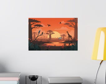 African Savanna Sunset Wall Art Print – Minimalist Flat Illustration, Animal Habitat Decor (18x12 Poster)