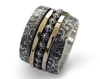 Wide Organic Spinner Ring with Flowers