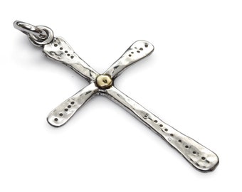 Hammered Silver Cross Pendant Necklace with a touch of Gold