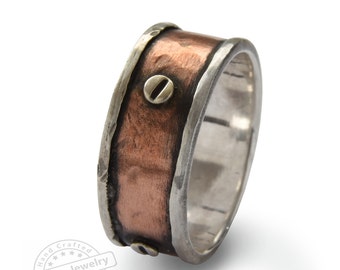 Silver and Copper Rustic Rivet Ring