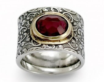 Floral Red Garnet wide band