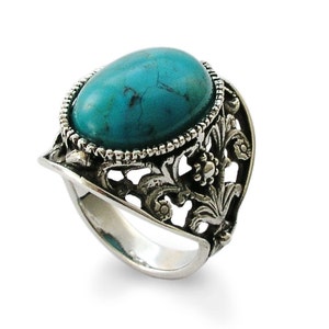 Oval Turquoise Ring Silver Ethnic Ring Floral Wide Ring - Etsy