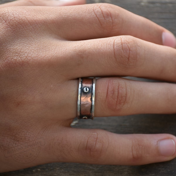 Man Silver and Copper Rivet Ring, Organic Design of a wide band for men