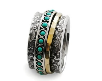 Floral wide spinner ring with Turquoise