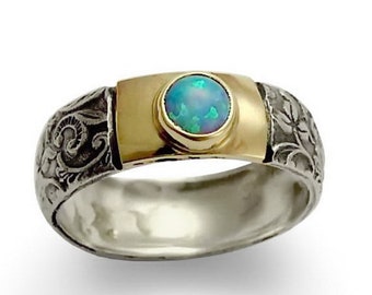 Floral Opal silver ring with gold stripe