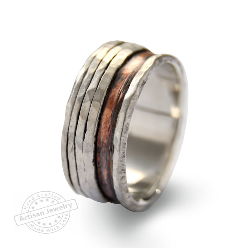 Modern band rustic wedding ring Mixed metals band Men organic band everyday wide band Copper silver spinner ring Two tone men ring
