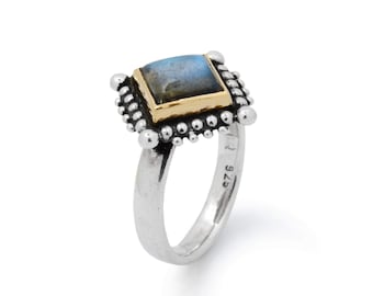 Square Labradorite two tone ring