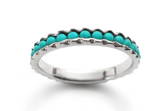 Stackable 925 Sterling Silver Blue Turquoise Stone Eternity Band Stacking Ring