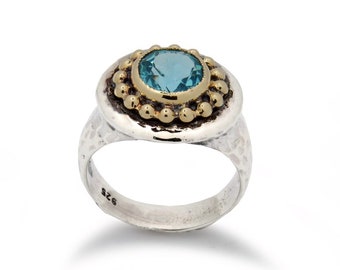 Hammered Silver chunky ring with gold crown and Topaz
