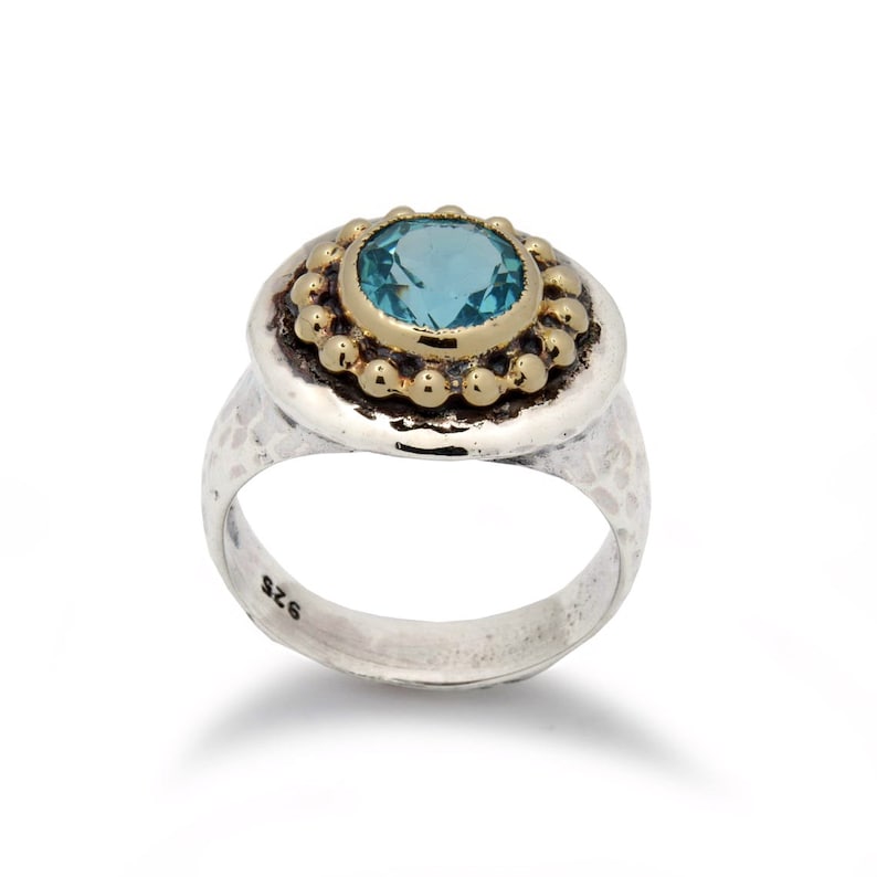 Hammered Silver chunky ring with gold crown and Topaz