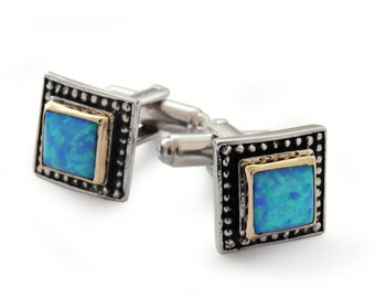 Gold and silver Square Cufflinks with Opal