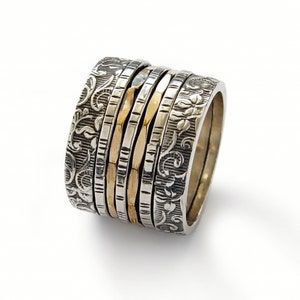 Wide Floral silver and gold spinner ring