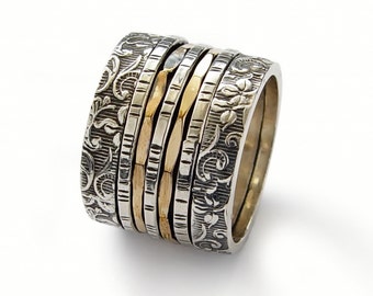 Wide Floral silver and gold spinner ring