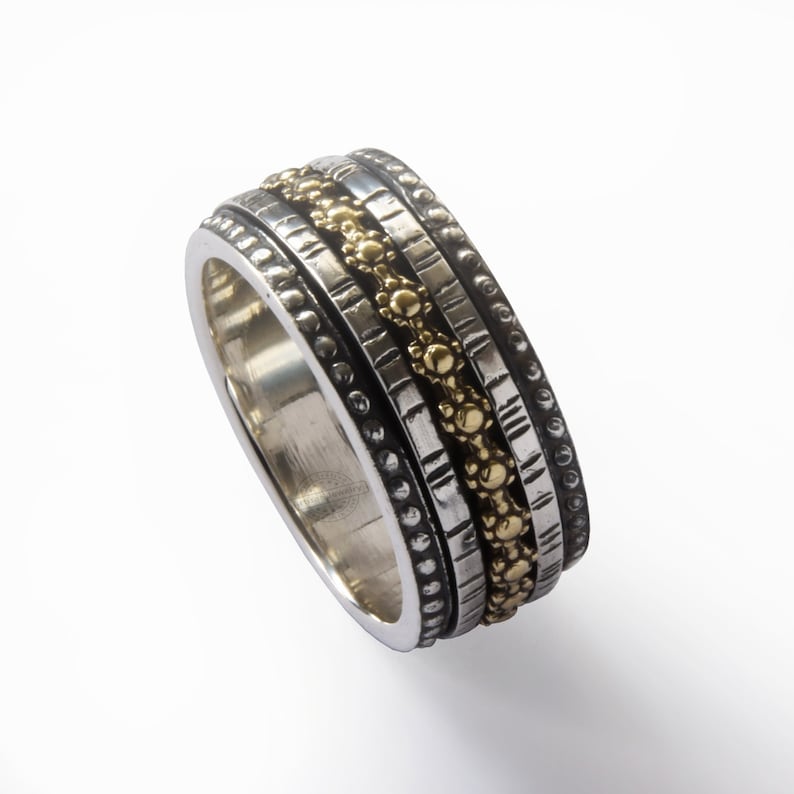 men woman worry ring Wide Wedding band everyday ring Textured silver band matching bands Flower spinner band Mixed metals Spinner ring