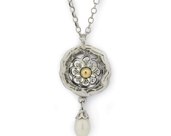 Silver Y Necklace with Sunflower pendant and a hanging pearl