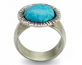 Blue large opal ring, Sterling silver Blue Opal ring, Wide Statement ring, Organic cocktail ring, Chunky gemstone ring, hammered Silver sale