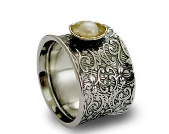 Zweifarbiger Blumen Ring mit Perle