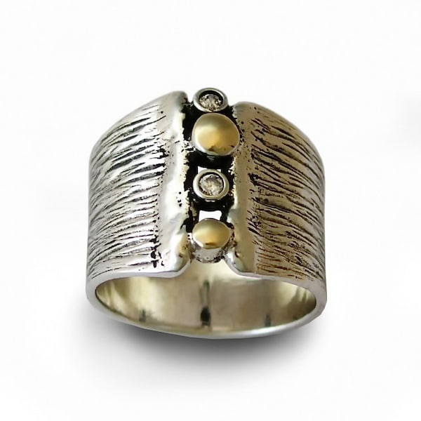 Rustic wide two tone ring with Zircons