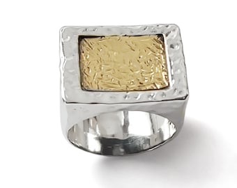 Textured Silver and gold square ring