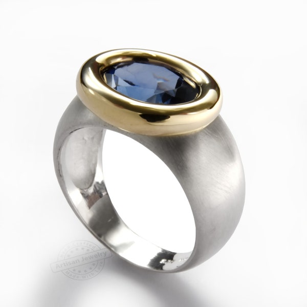 Two Tone Statement Ring with Oval Sapphire