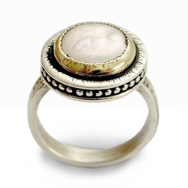 Chunky Silver and Gold Ring with Pearl