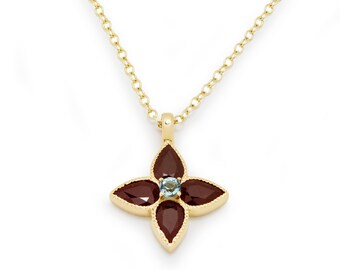 Colgante de trébol dorado con rubí y topacio azul, collar de cuatro hojas, collar de buena suerte