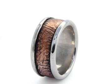 Textured Copper silver band, Shiny silver copper band, Durable ring for men, Wide Infinity ring, Rustic wedding band, two tone everyday ring